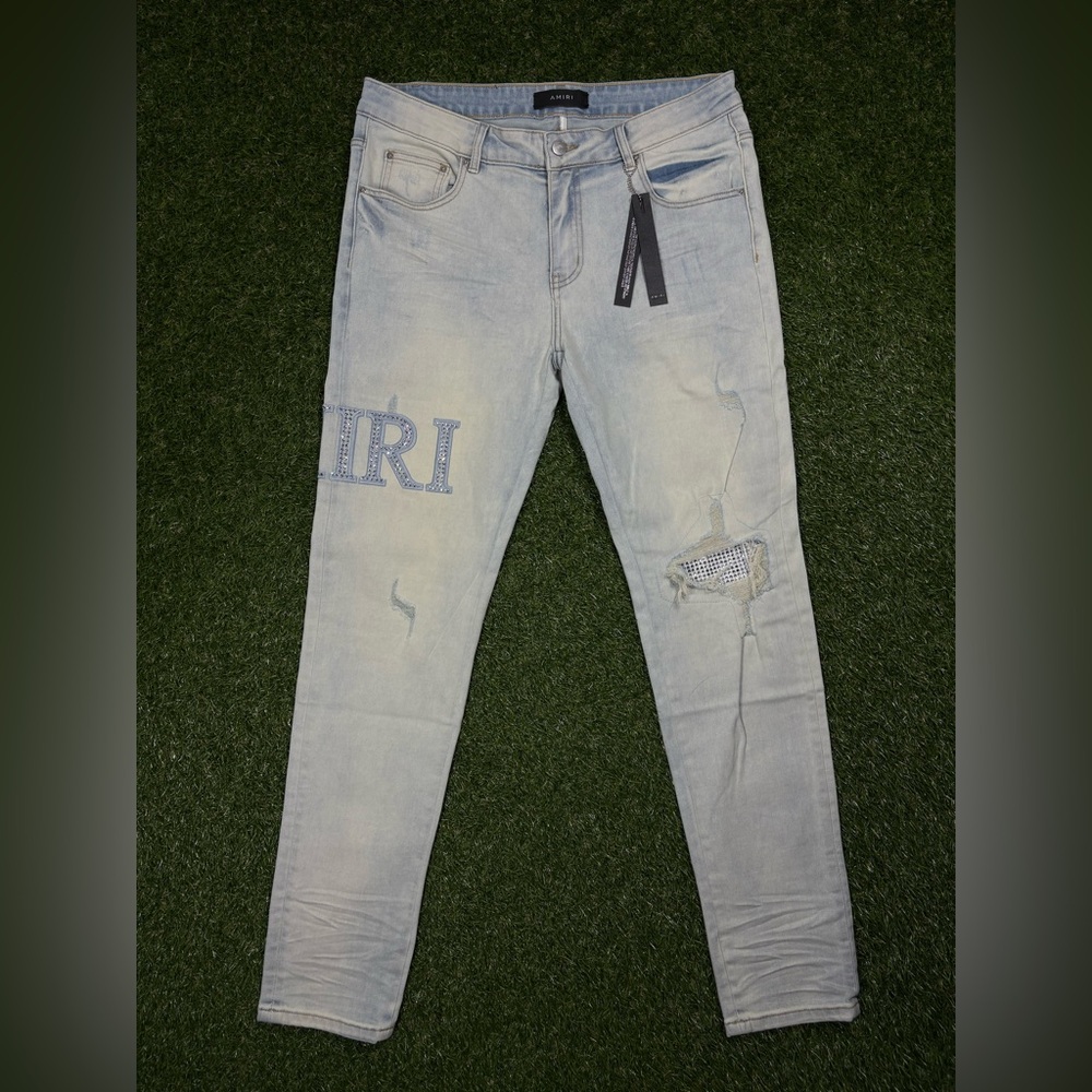 AMIRI MX1 Crystal logo skinny jeans (light blue / indigo) SOLD